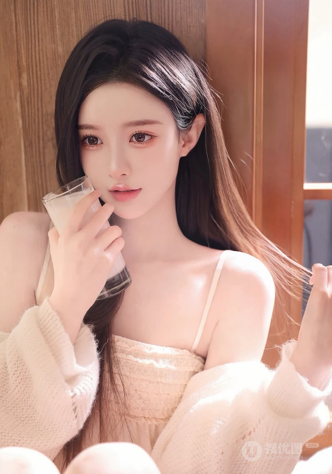 美的无处藏，一见就喜欢的高颜值黑直长发女生小姐姐肩带睡裙室内写真套图