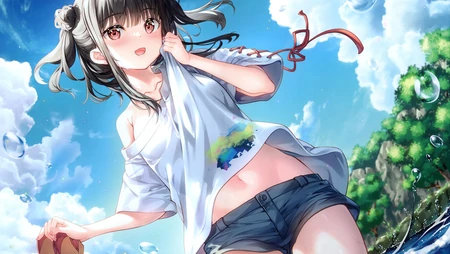 在河里玩水解暑的白T恤牛仔短裤动漫美少女清新可爱桌面壁纸图片