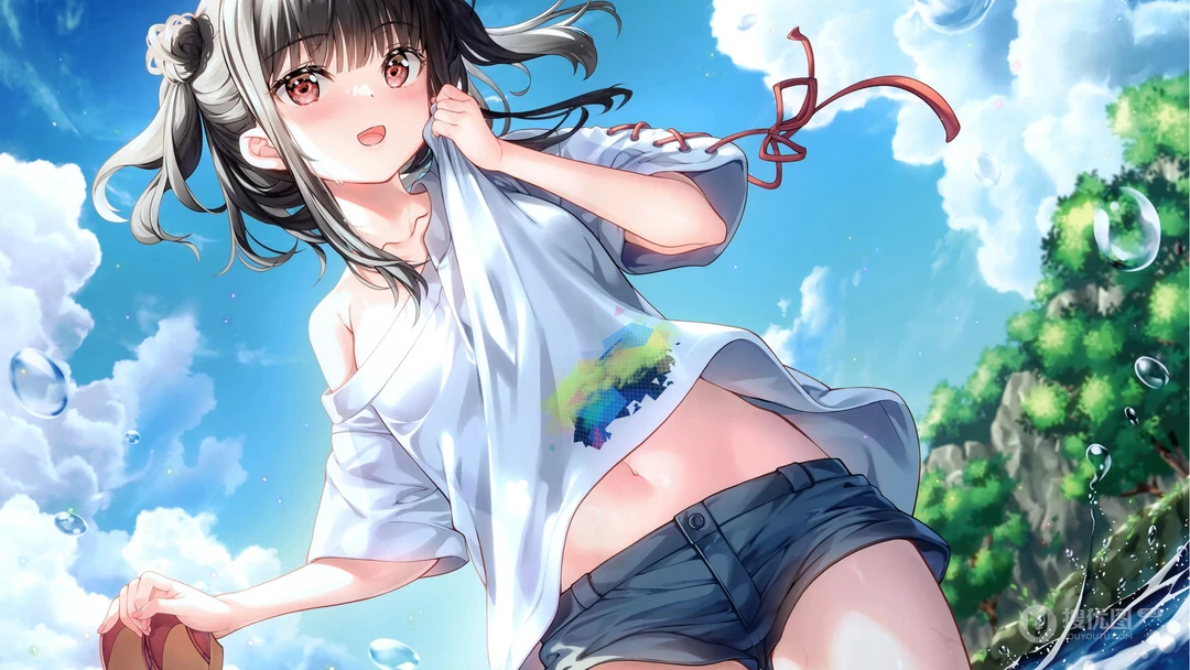 在河里玩水解暑的白T恤牛仔短裤动漫美少女清新可爱桌面壁纸图片