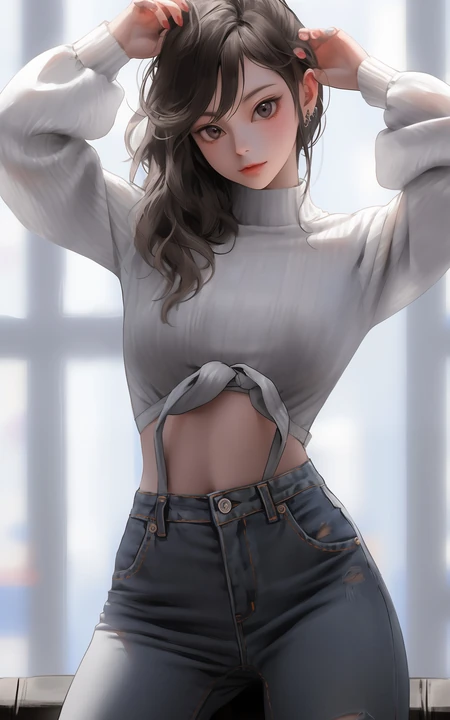 身材劲爆屁股大，性感紧身牛仔裤AI美女床边摆poss手机壁纸图片