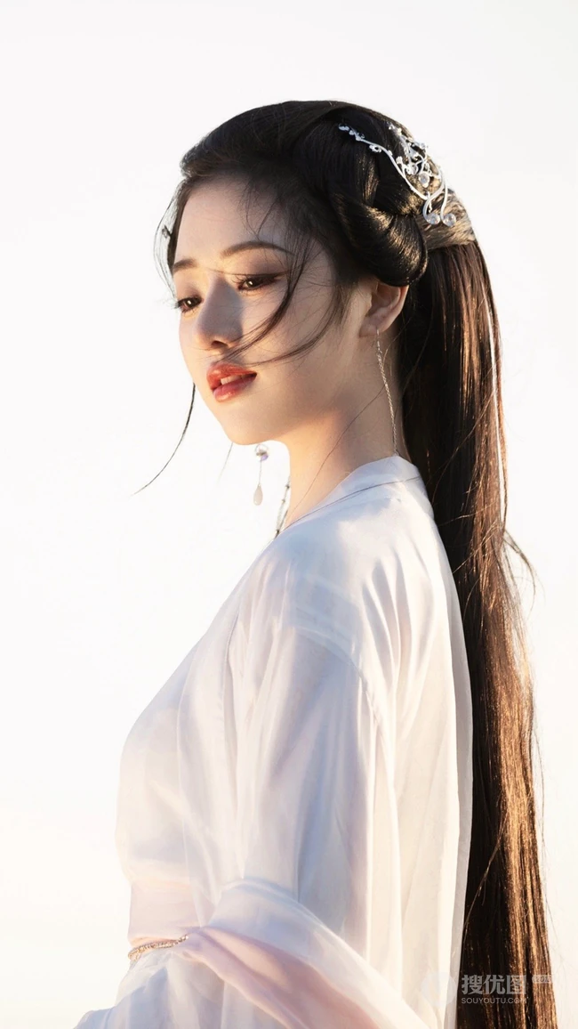 仙气十足，一袭白裙古风装扮美女侧颜好看手机壁纸图片