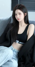 沙发上的精选高颜值女生小姐姐，穿着显身材黑色运动家居服牛仔裤冷艳写真图片