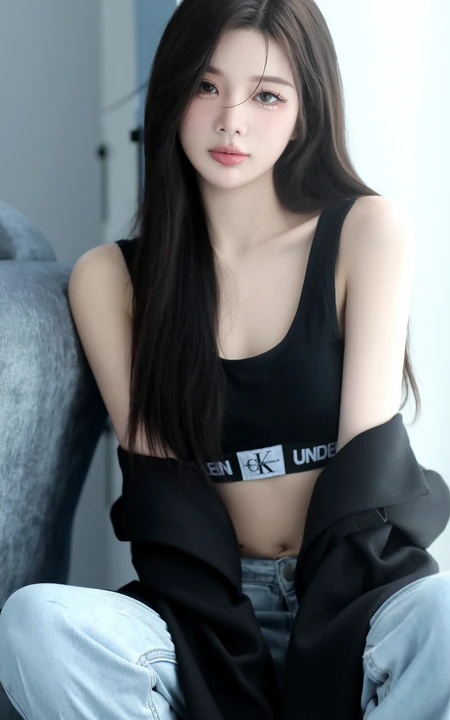 沙发上的精选高颜值女生小姐姐，穿着显身材黑色运动家居服牛仔裤冷艳写真图片