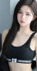 沙发上的精选高颜值女生小姐姐，穿着显身材黑色运动家居服牛仔裤冷艳写真图片