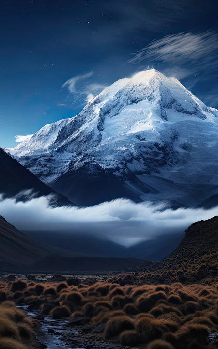 夜晚，星空下的雪山，溪流唯美景色手机壁纸图片