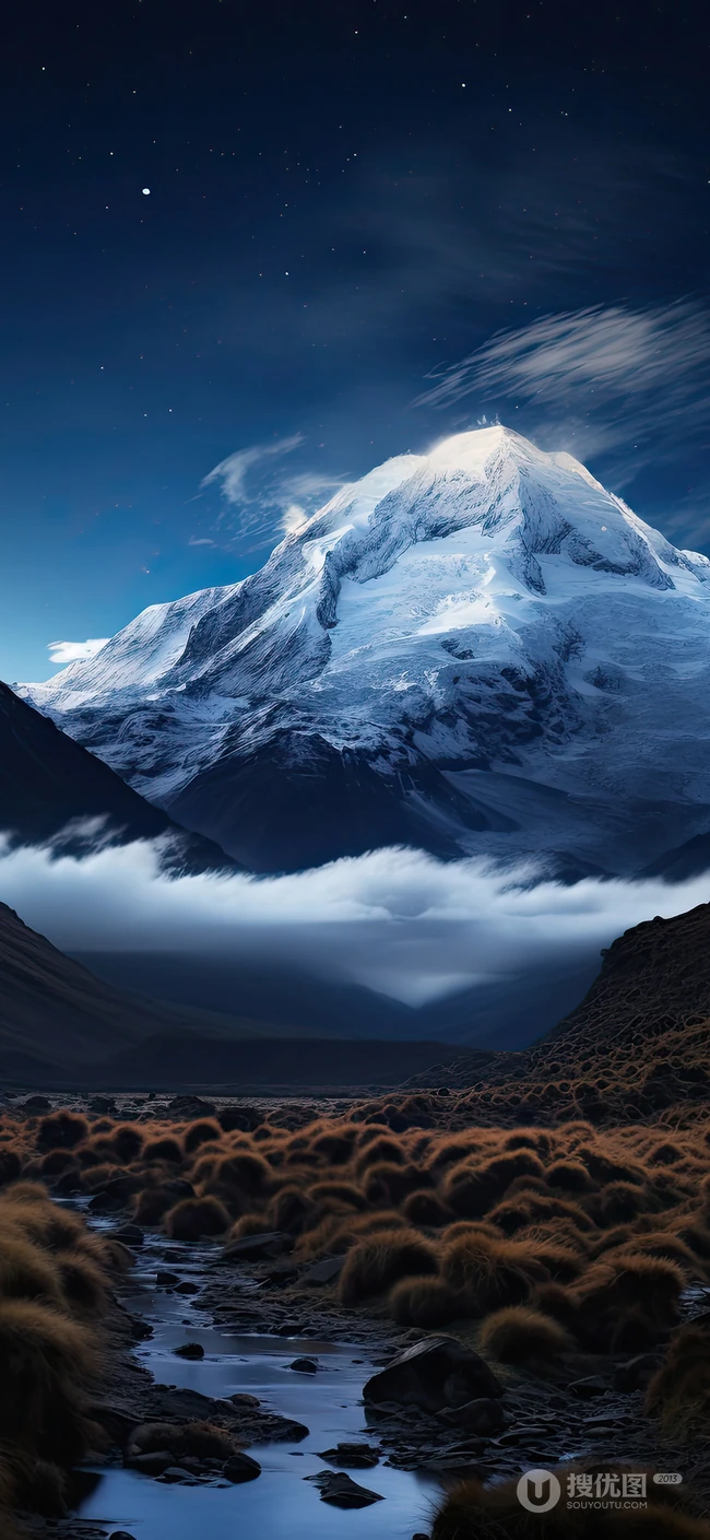 夜晚，星空下的雪山，溪流唯美景色手机壁纸图片