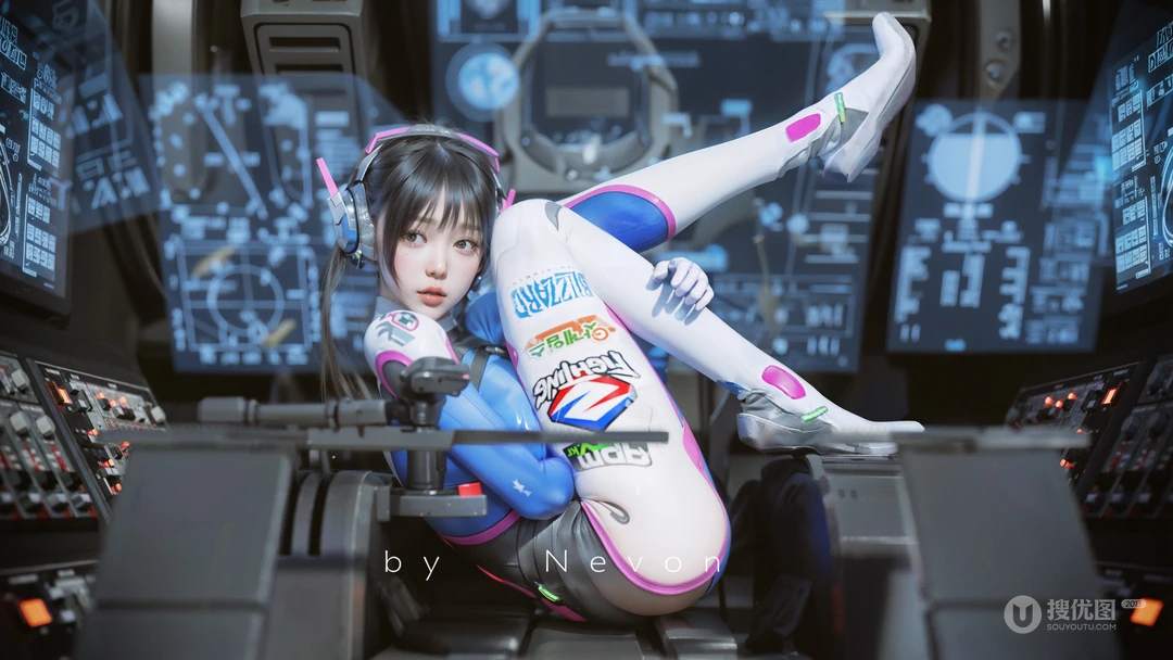 游戏室里，抱着双腿，戴着耳机，靠坐在椅子上的紧身衣美少女高清桌面壁纸