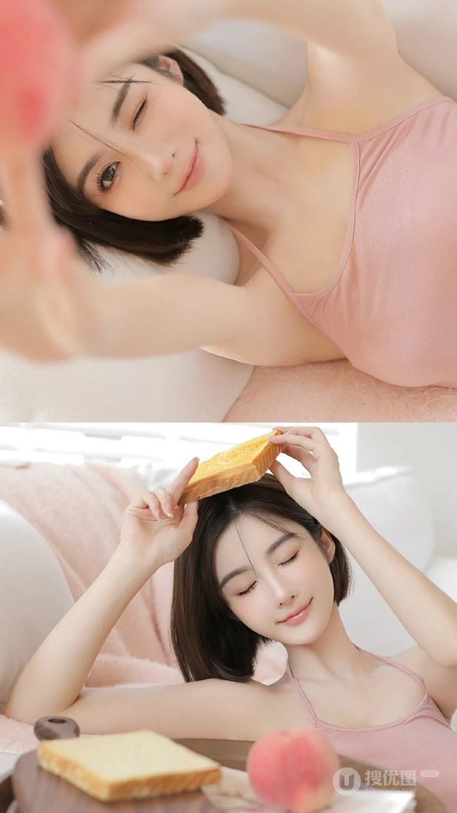 吃早餐的高颜值美丽短发女生粉色吊带背心居家私房写真手机壁纸