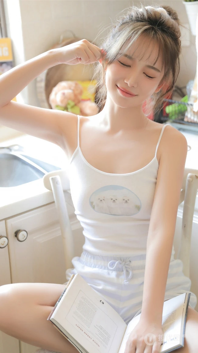 超好看丸子头发型女生小肩带背心加条纹短裤居家可爱娇俏女生图片