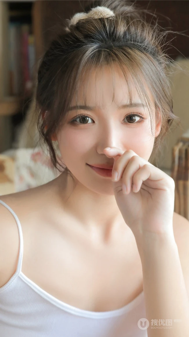 超好看丸子头发型女生小肩带背心加条纹短裤居家可爱娇俏女生图片