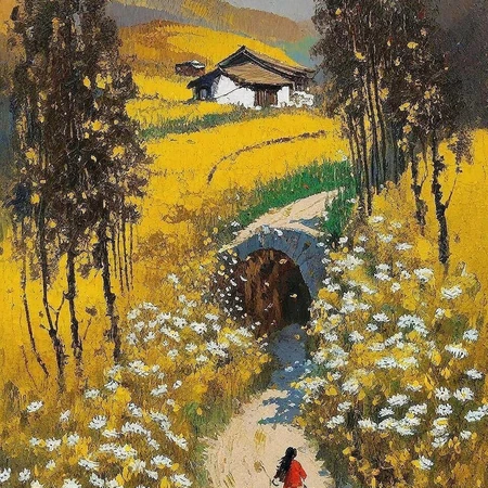 一步一安然，唯美乡村，骑自行车的女生，女孩景色油画插画图片