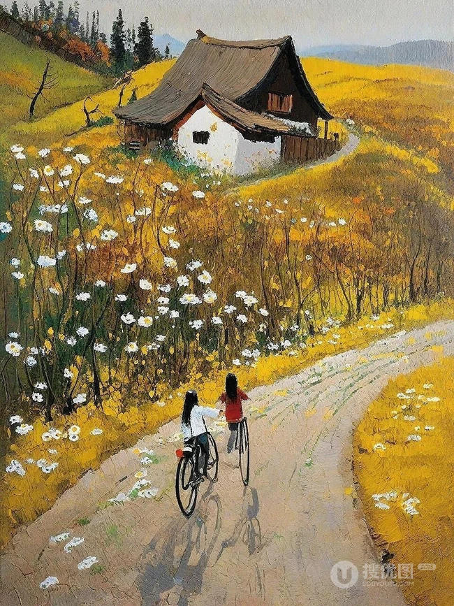 一步一安然，唯美乡村，骑自行车的女生，女孩景色油画插画图片 第6张