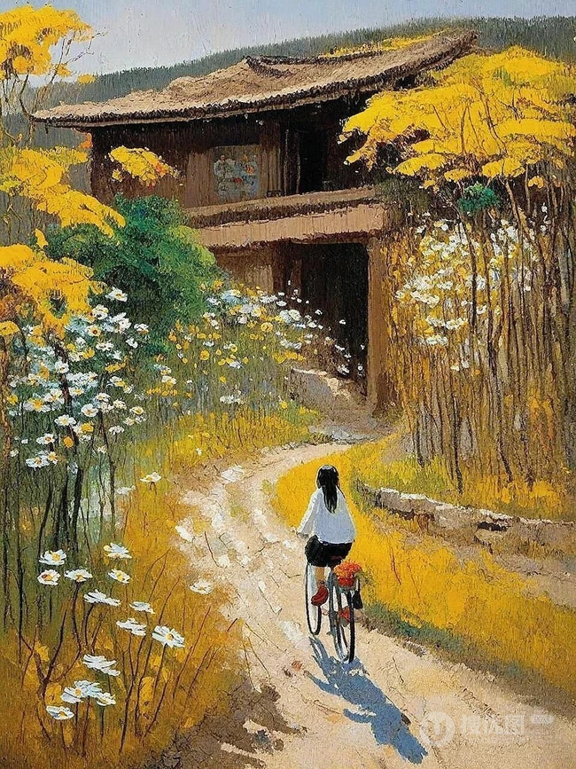 一步一安然，唯美乡村，骑自行车的女生，女孩景色油画插画图片 第2张
