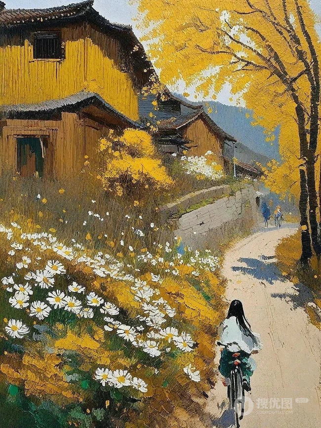一步一安然，唯美乡村，骑自行车的女生，女孩景色油画插画图片 第8张