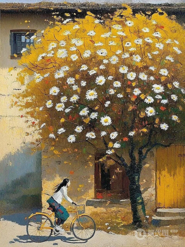 一步一安然，唯美乡村，骑自行车的女生，女孩景色油画插画图片 第3张