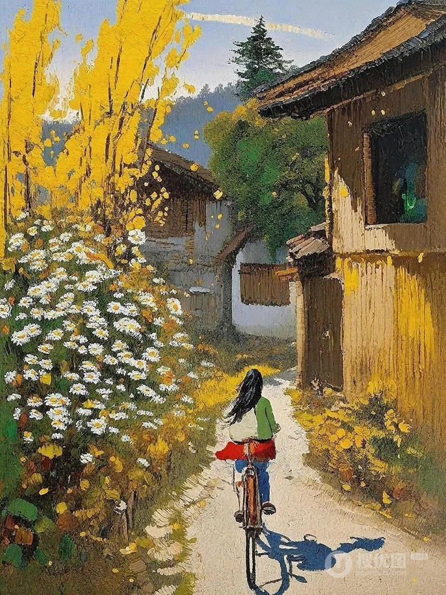 一步一安然，唯美乡村，骑自行车的女生，女孩景色油画插画图片 第5张