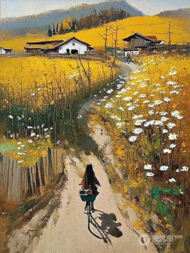 一步一安然，唯美乡村，骑自行车的女生，女孩景色油画插画图片 第4张
