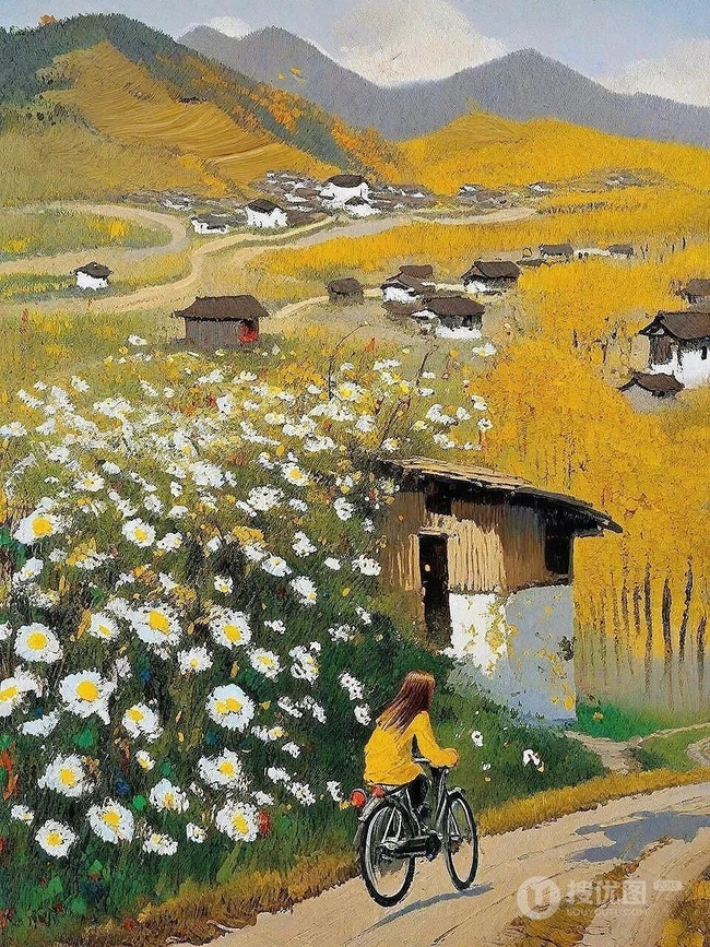 一步一安然，唯美乡村，骑自行车的女生，女孩景色油画插画图片 第7张