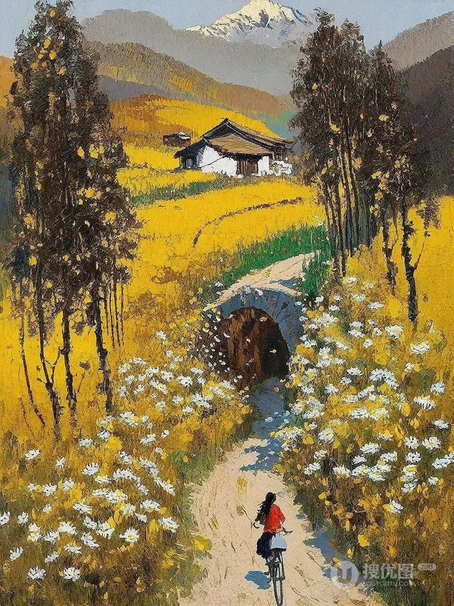 一步一安然，唯美乡村，骑自行车的女生，女孩景色油画插画图片 第1张
