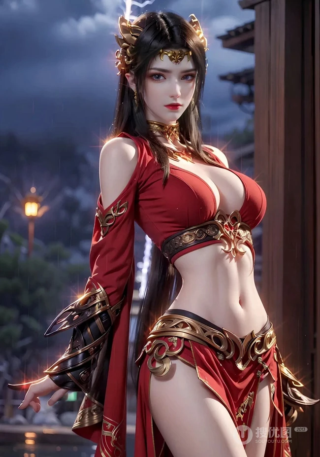 国漫气质女生美杜莎气质红色古装尽显匀称身形曲线AI图片