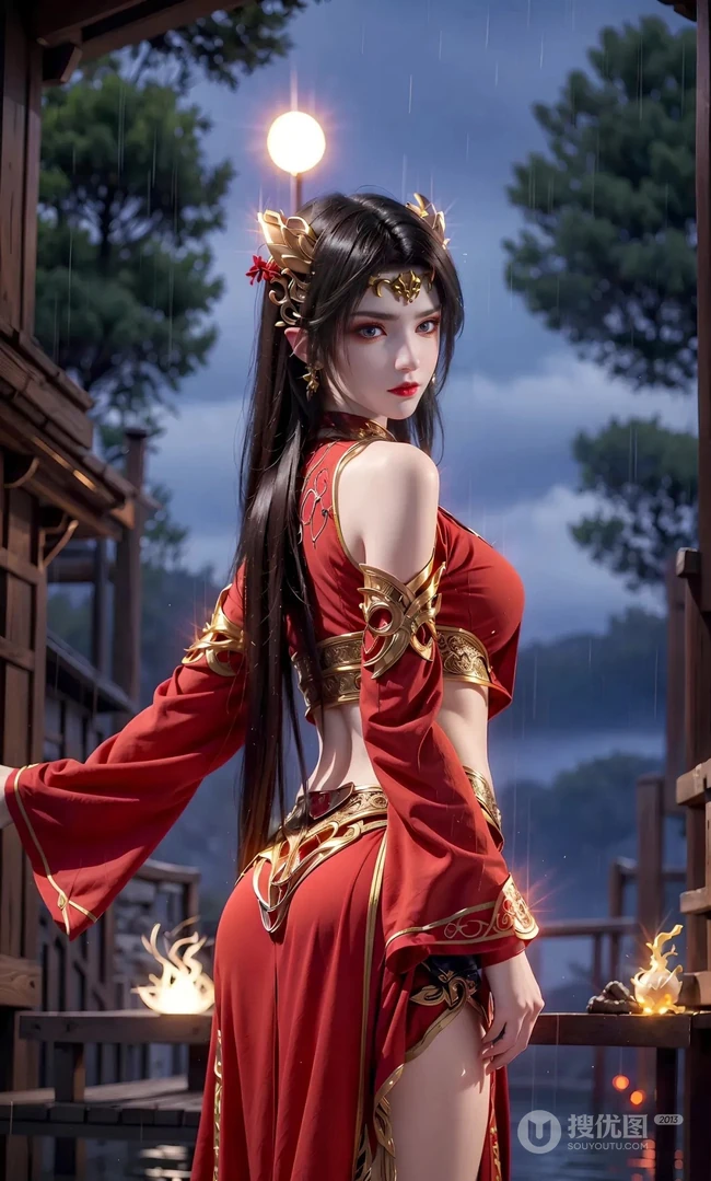 国漫气质女生美杜莎气质红色古装尽显匀称身形曲线AI图片