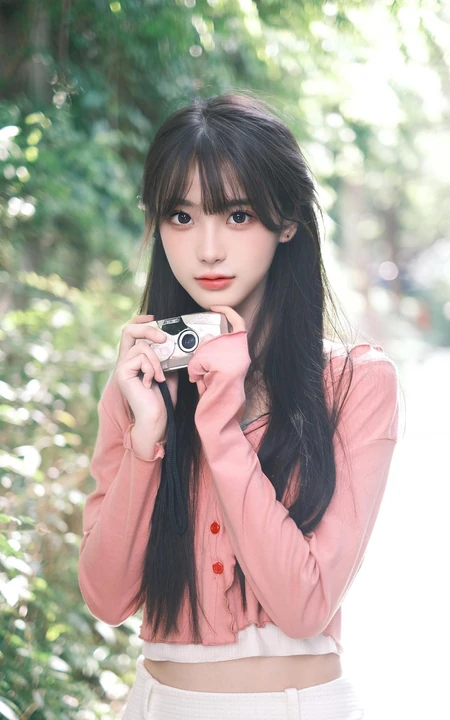拿着相机在路边拍摄户外风景的清纯可人漂亮少女高清写真图片
