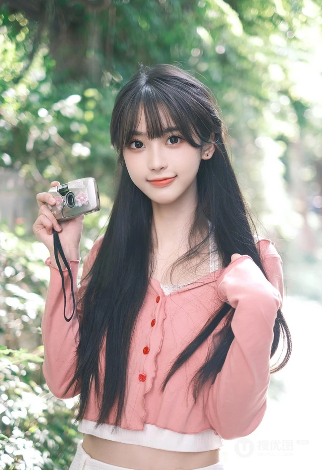 拿着相机在路边拍摄户外风景的清纯可人漂亮少女高清写真图片