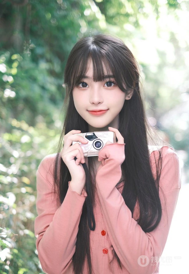 拿着相机在路边拍摄户外风景的清纯可人漂亮少女高清写真图片
