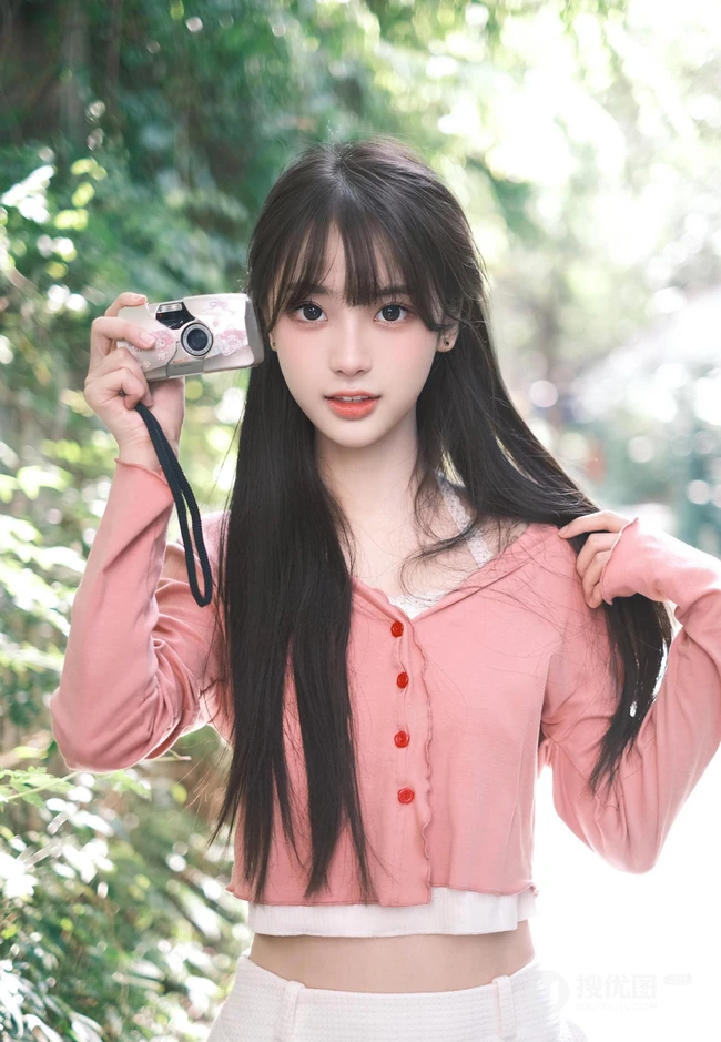 拿着相机在路边拍摄户外风景的清纯可人漂亮少女高清写真图片