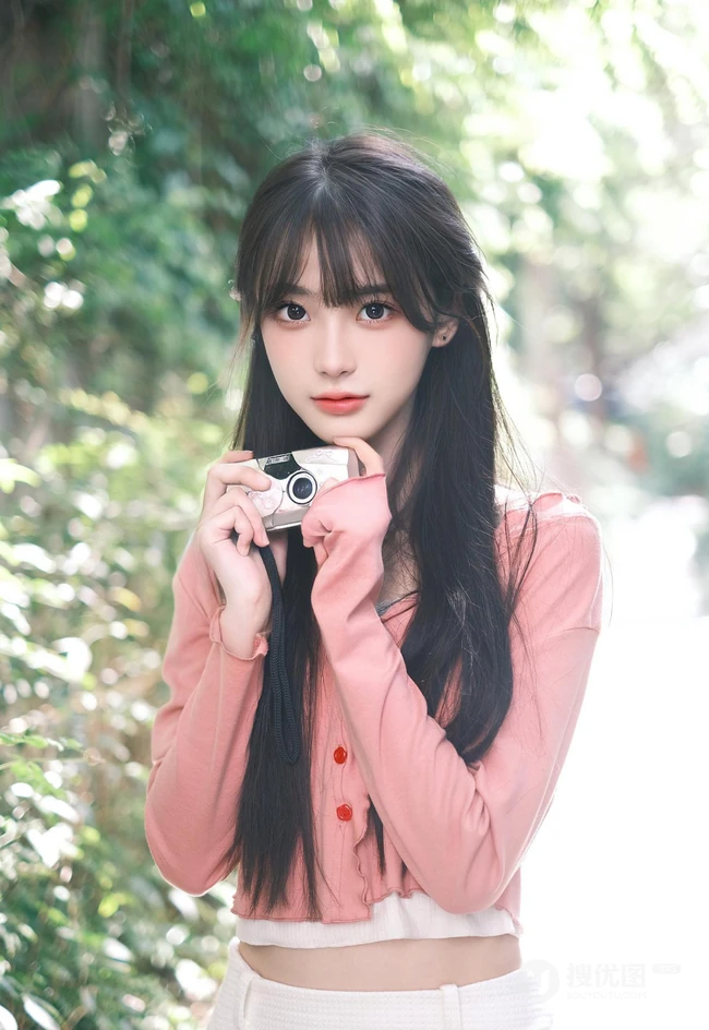 拿着相机在路边拍摄户外风景的清纯可人漂亮少女高清写真图片