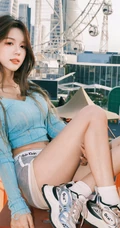 超会摆poss拍照，镜头感十足的活泼开朗女生气质短裤尽显有料身材曲线写真
