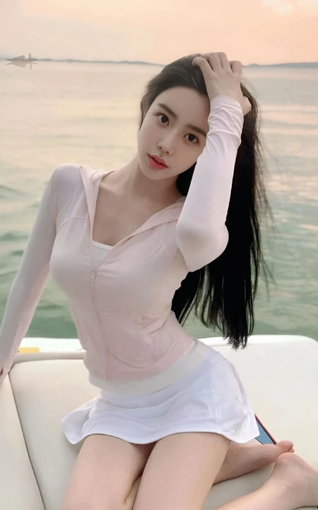 跪坐在快艇游轮上，撩着长发的防风紧身衣短裙美腿大漂亮美女手机壁纸照片