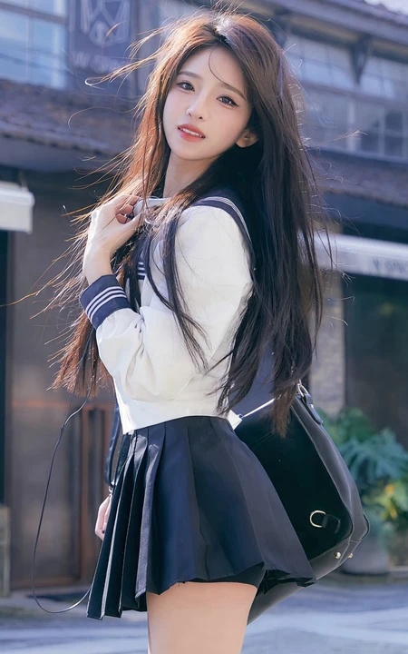 背着单肩包，行走在路上，长发飘逸，漂亮动人学生装短裙美少女街拍壁纸