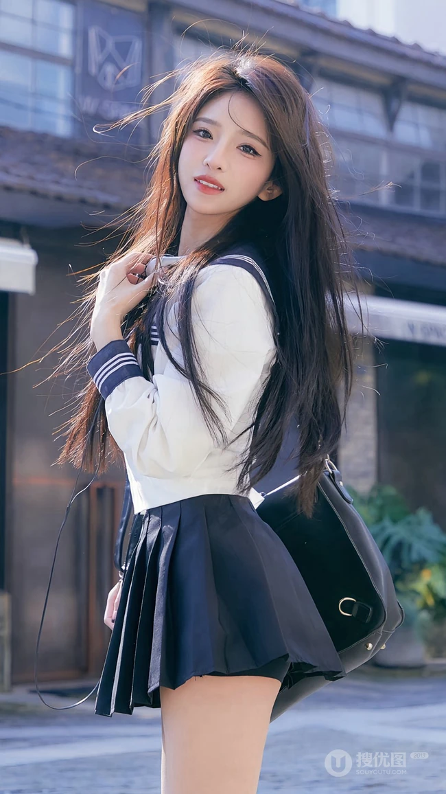 背着单肩包，行走在路上，长发飘逸，漂亮动人学生装短裙美少女街拍壁纸