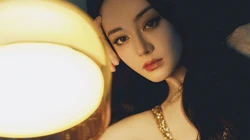 新疆美女迪丽热巴性感吊带长裙单手托腮写真桌面壁纸图片