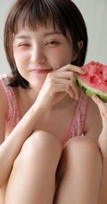 娇小玲珑可爱短发邻家女孩少女夏日背心短裤吃西瓜居家写真美照