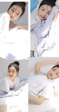 丸子头发型漂亮可人女生身着白色T恤加灰色短裤居家暖房甜美写真照