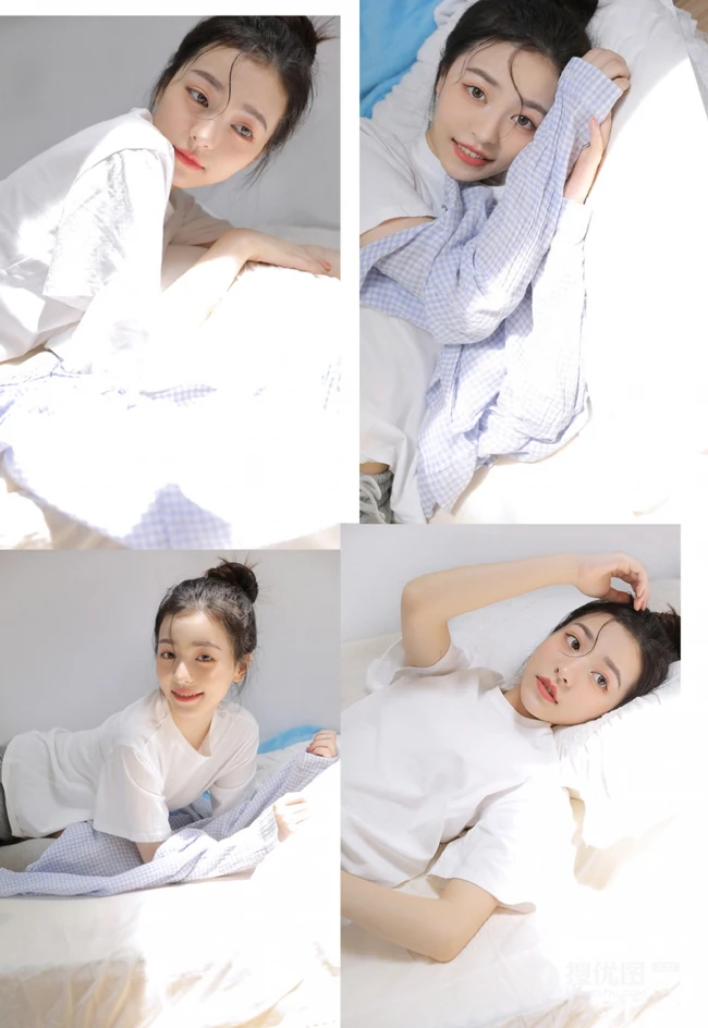 丸子头发型漂亮可人女生身着白色T恤加灰色短裤居家暖房甜美写真照
