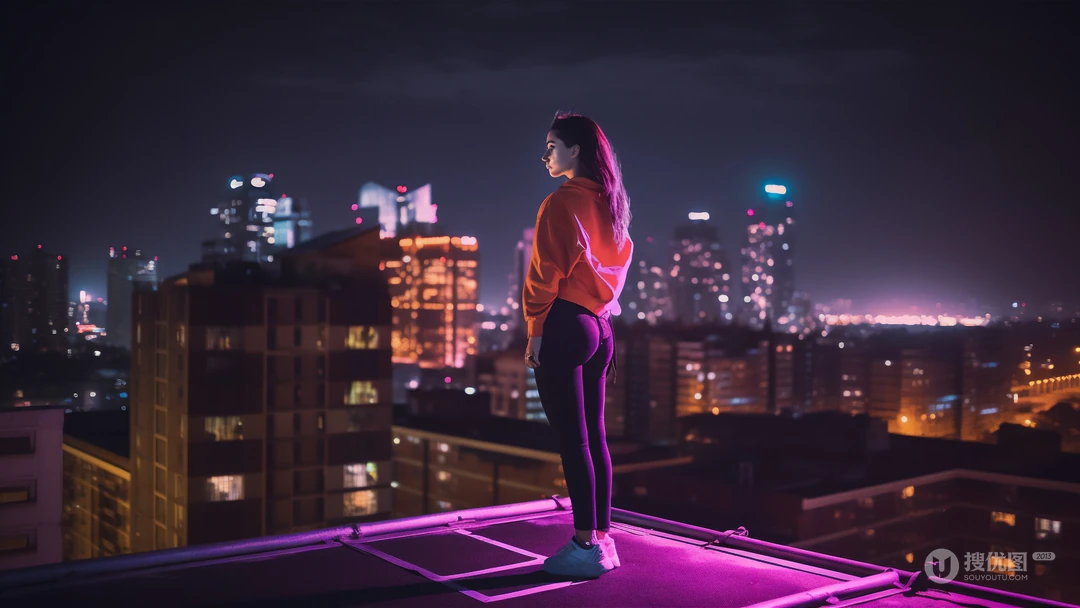 夜晚，站在楼顶天台 穿着红色外套紧身裤的女人高清AI壁纸图片