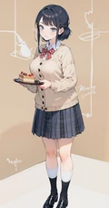 不同风格，穿着JK短裙的动漫少女手拿美食，盘子，蛋糕，面包，汉堡，咖啡美图