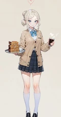 不同风格，穿着JK短裙的动漫少女手拿美食，盘子，蛋糕，面包，汉堡，咖啡美图