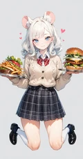 不同风格，穿着JK短裙的动漫少女手拿美食，盘子，蛋糕，面包，汉堡，咖啡美图