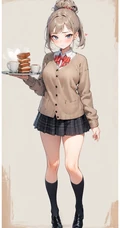 不同风格，穿着JK短裙的动漫少女手拿美食，盘子，蛋糕，面包，汉堡，咖啡美图