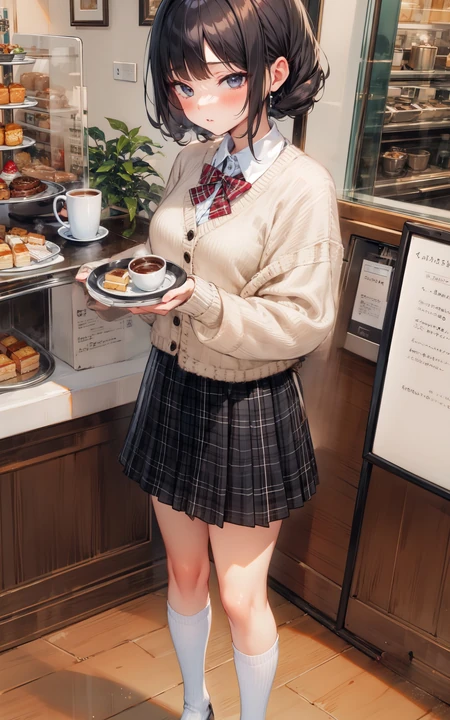 不同风格，穿着JK短裙的动漫少女手拿美食，盘子，蛋糕，面包，汉堡，咖啡美图