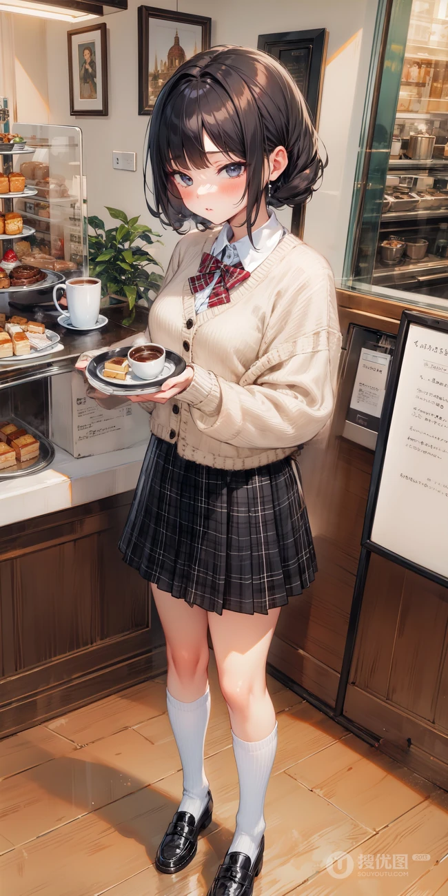 不同风格，穿着JK短裙的动漫少女手拿美食，盘子，蛋糕，面包，汉堡，咖啡美图