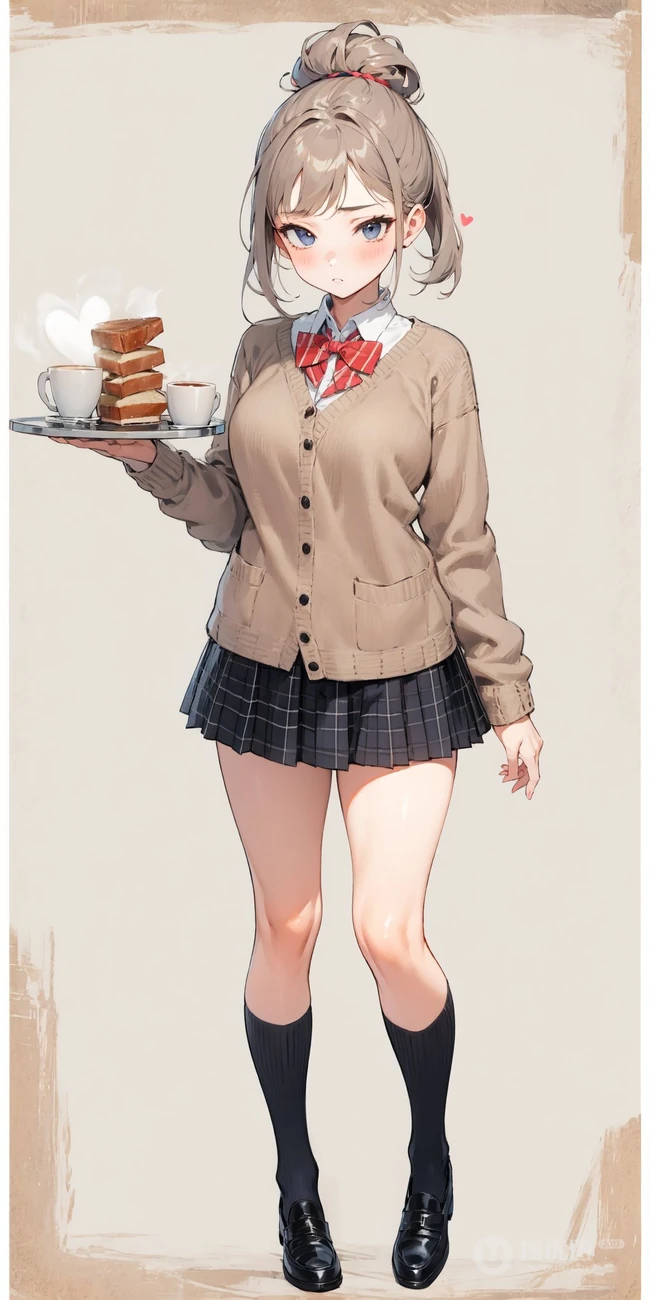 不同风格，穿着JK短裙的动漫少女手拿美食，盘子，蛋糕，面包，汉堡，咖啡美图