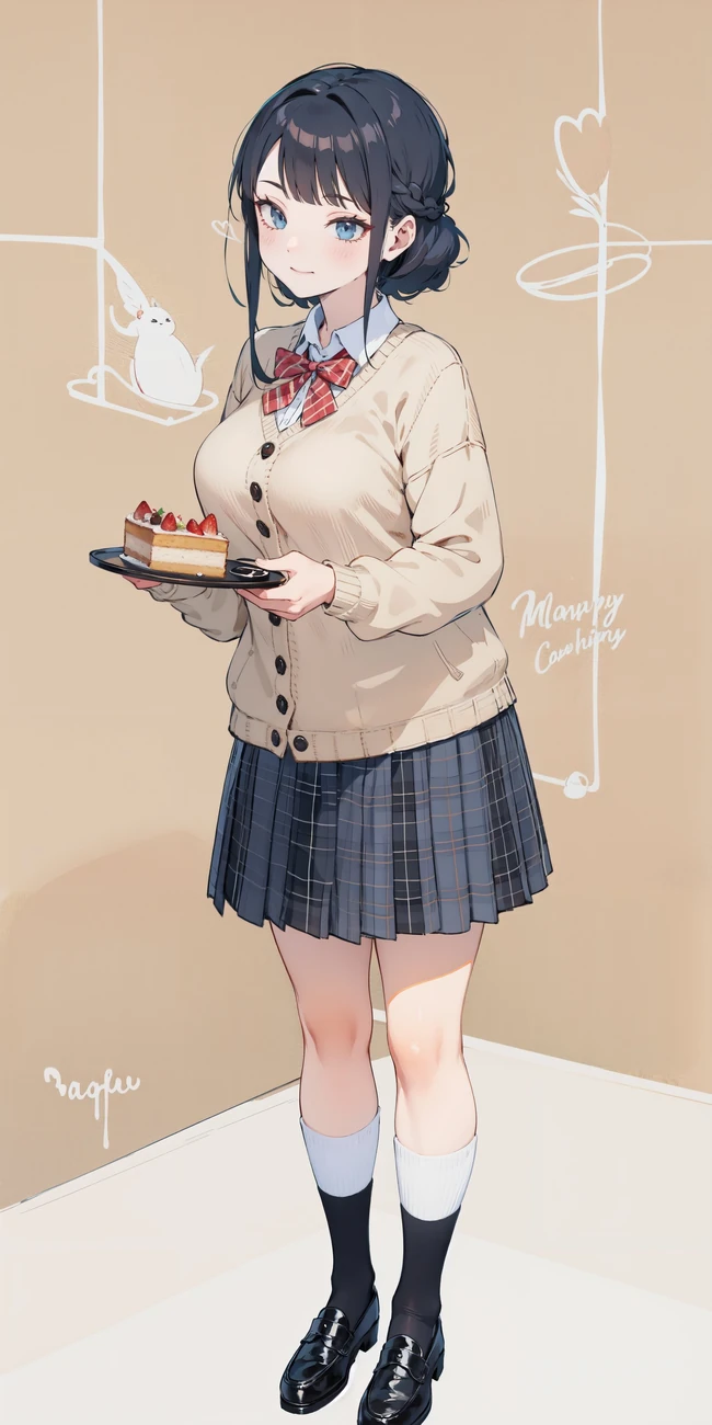 不同风格，穿着JK短裙的动漫少女手拿美食，盘子，蛋糕，面包，汉堡，咖啡美图