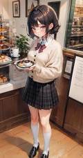 不同风格，穿着JK短裙的动漫少女手拿美食，盘子，蛋糕，面包，汉堡，咖啡美图