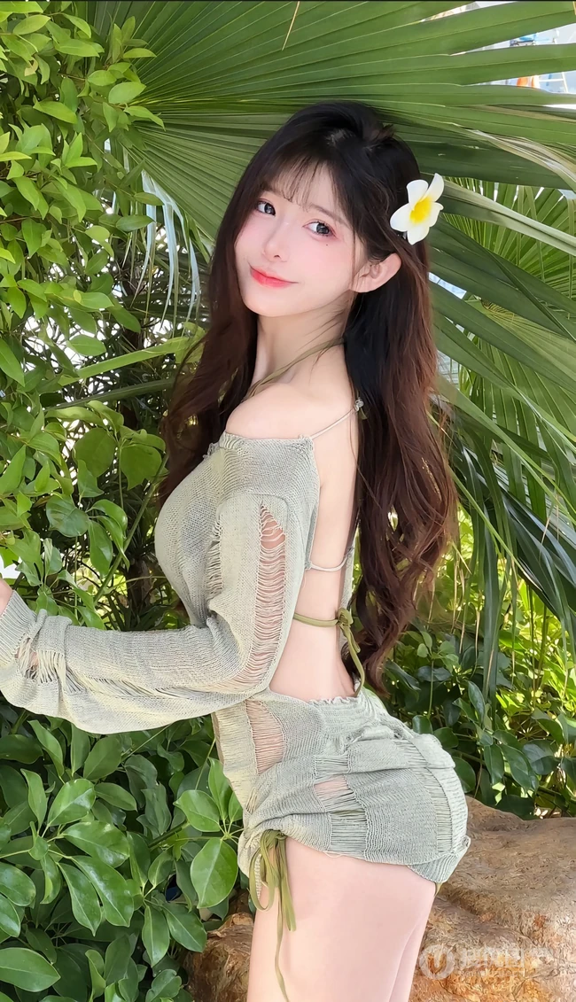 海边绿化树旁正美美摆着poss拍照的超漂亮女生小姐姐镂空裙加泳装美照