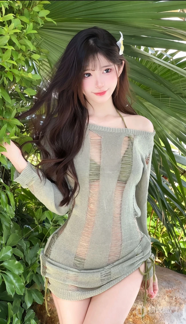 海边绿化树旁正美美摆着poss拍照的超漂亮女生小姐姐镂空裙加泳装美照